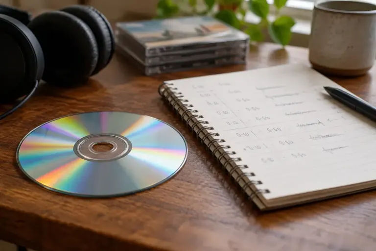 A compact disc beside a notebook for track-boundary observations.