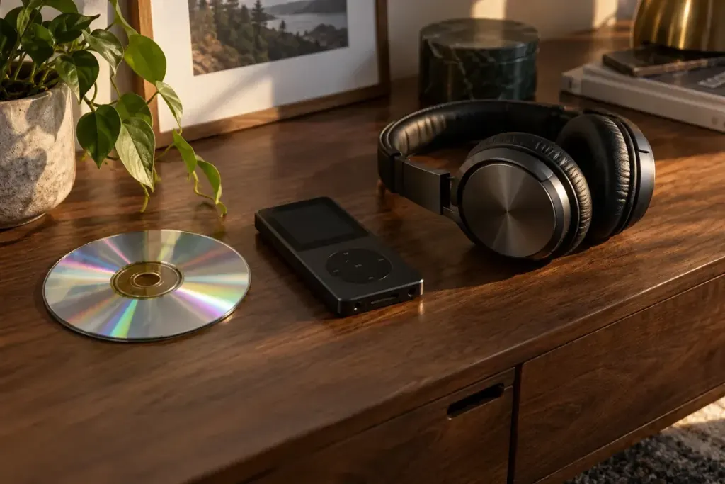 Compact disc, portable music player and headphones on a wooden shelf.