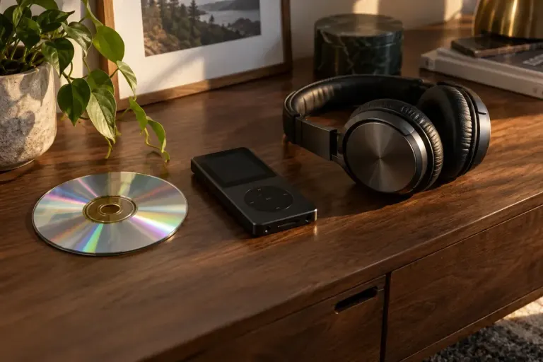 Compact disc, portable music player and headphones on a wooden shelf.
