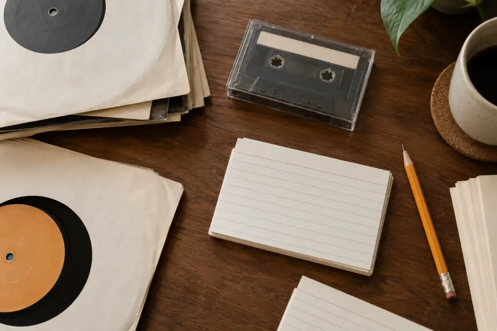 Blank index cards, paper record sleeves and a pencil on a wooden desk