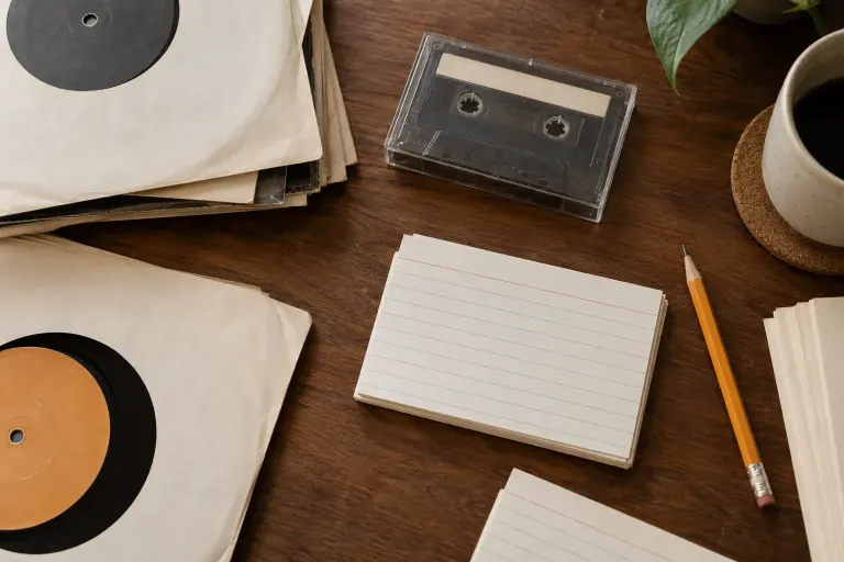 Blank index cards, paper record sleeves and a pencil on a wooden desk