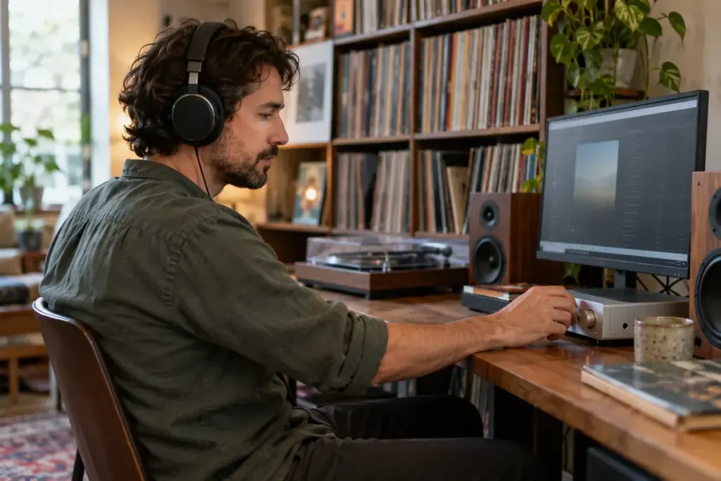 A listener adjusting a desktop audio player beside record shelves.