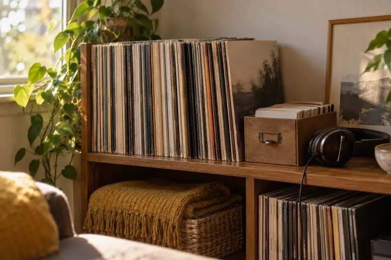 Illustrated home record shelf with upright sleeves and headphones