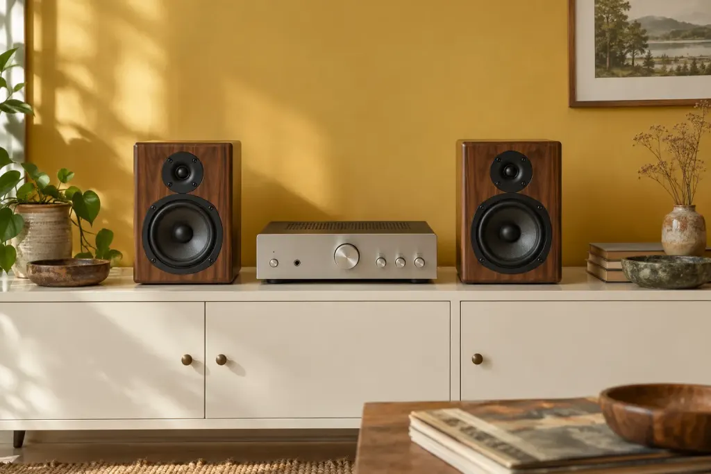 Two walnut speakers and an unbranded amplifier in a quiet room