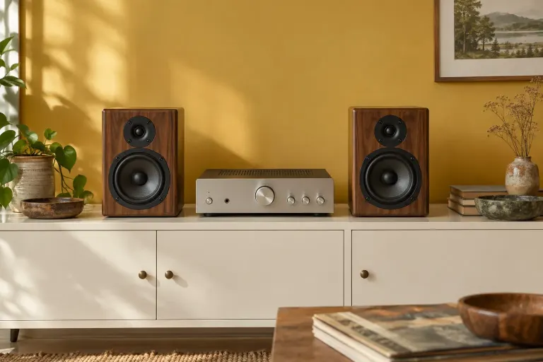 Two walnut speakers and an unbranded amplifier in a quiet room